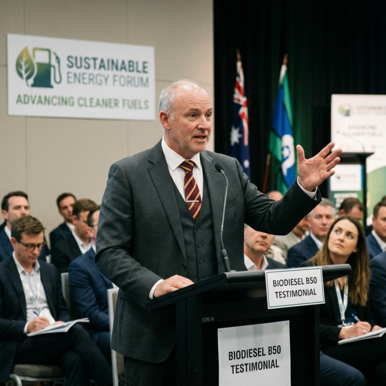 Man in suit speaking at a podium labeled Biodiesel B50 Testimonial at Sustainable Energy Forum